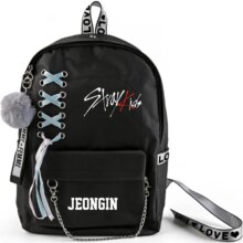 K-Pop Stray Kids School Bags With Crossed Ribbon And Plush Ball Pendant K-Pop Stray Kids School Bags With Crossed Ribbon And Plush Ball Pendant