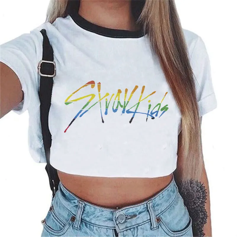 Idol Group Stray Kids Print Crop Tops For Women