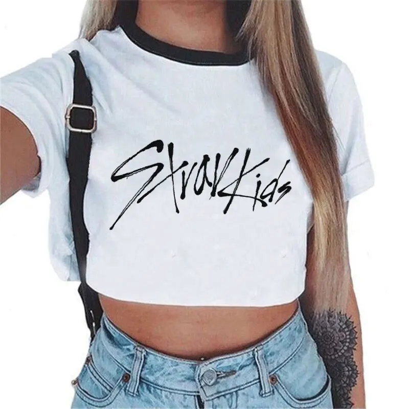 Idol Group Stray Kids Print Crop Tops For Women