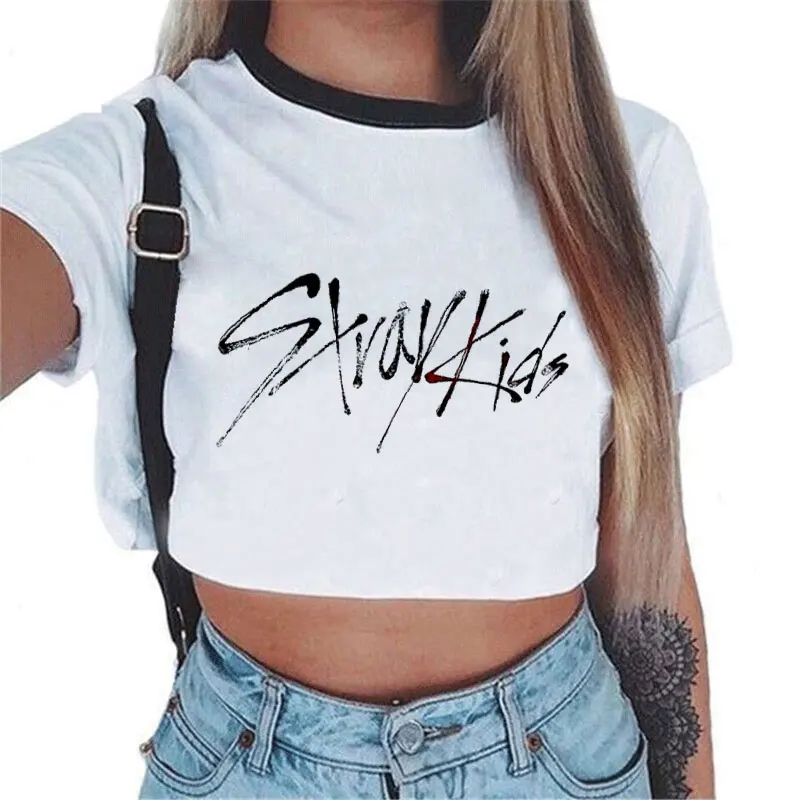 Idol Group Stray Kids Print Crop Tops For Women