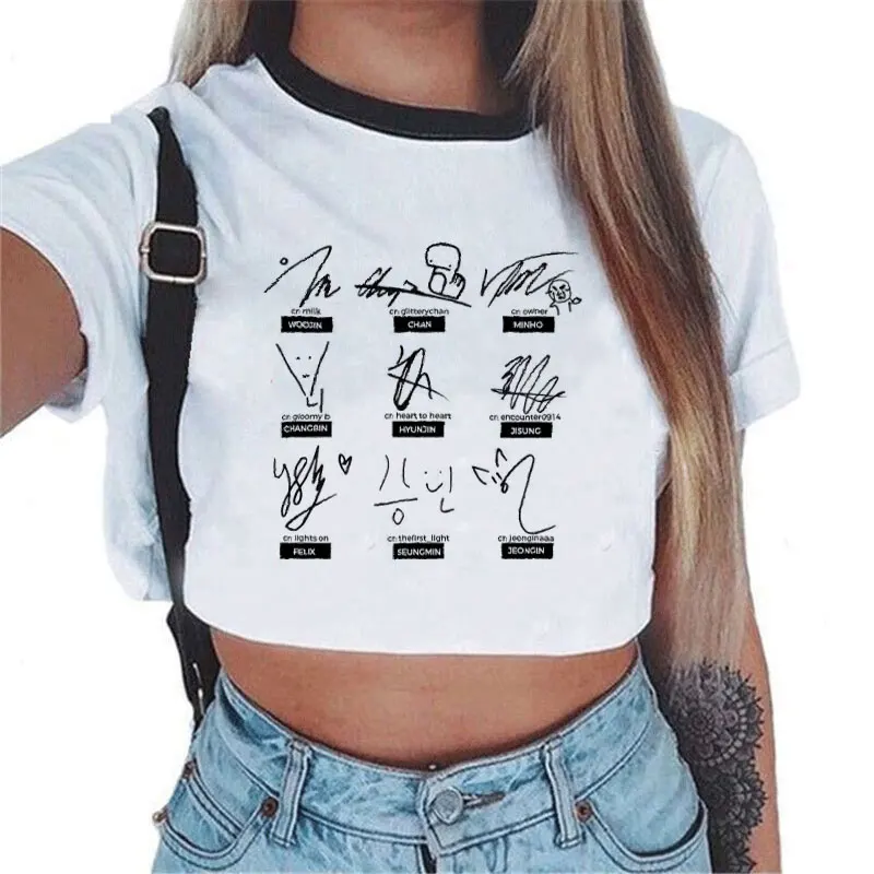 Idol Group Stray Kids Print Crop Tops For Women