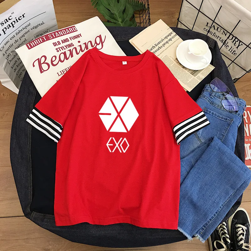 Exo K-Pop Wild Student Splice Round Collar T-Shirt