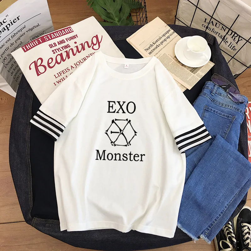 Exo K-Pop Wild Student Splice Round Collar T-Shirt