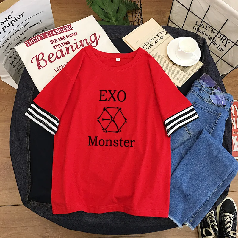 Exo K-Pop Wild Student Splice Round Collar T-Shirt
