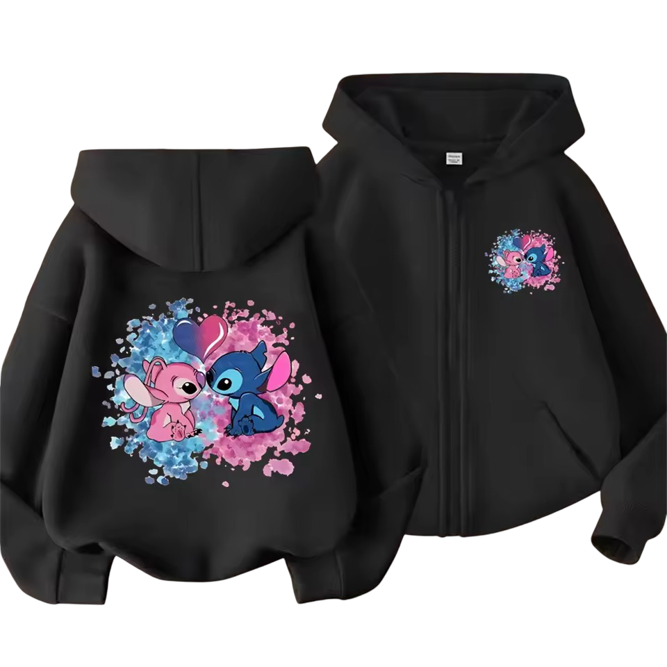 Kawaii Stitch And Angel Long Sleeve Zipper Hoodie 