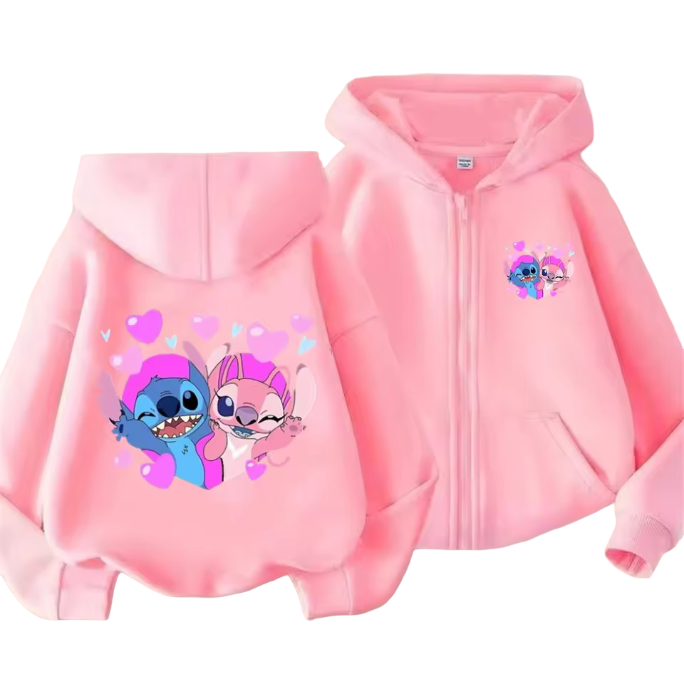 Kawaii Stitch And Angel Long Sleeve Zipper Sweatshirt
