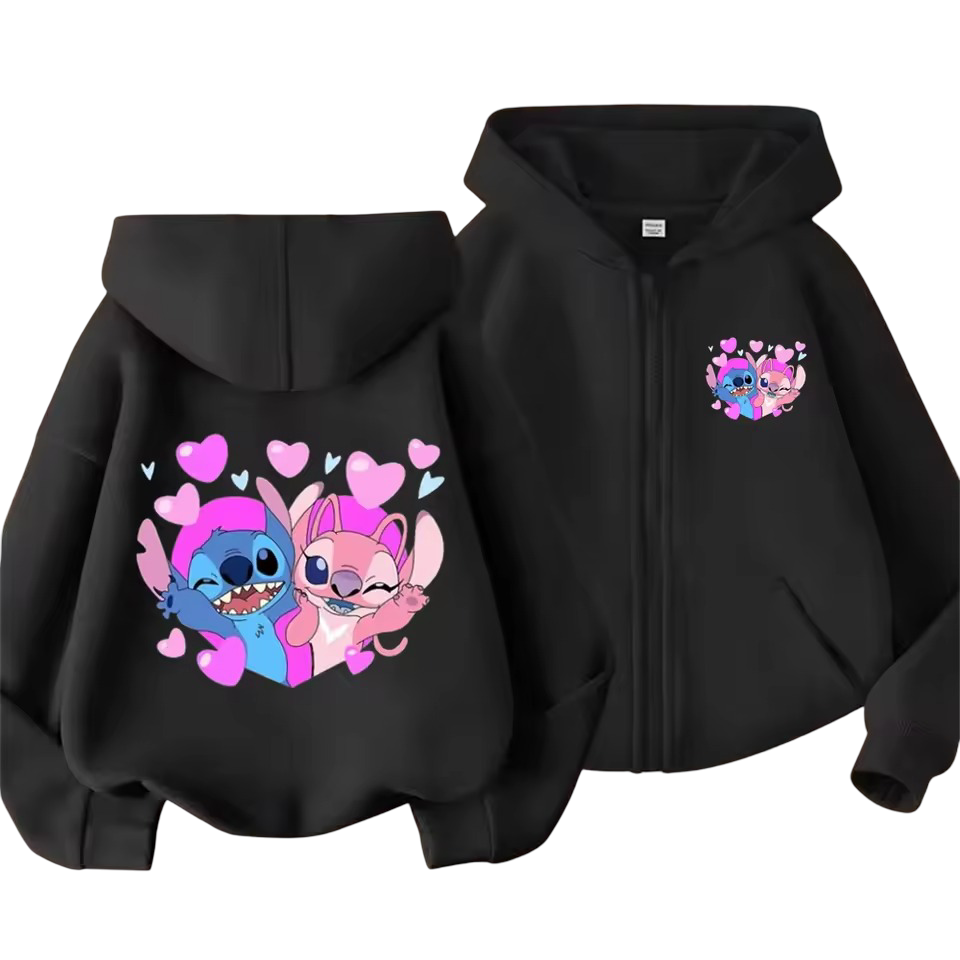 Kawaii Stitch And Angel Long Sleeve Zipper Sweatshirt