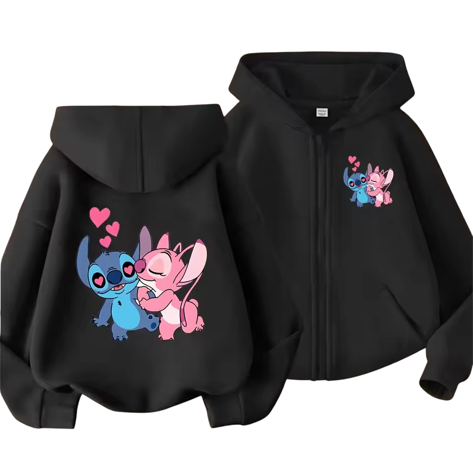 Kawaii Stitch And Angel Anime Long Sleeve Zipper Hoodie