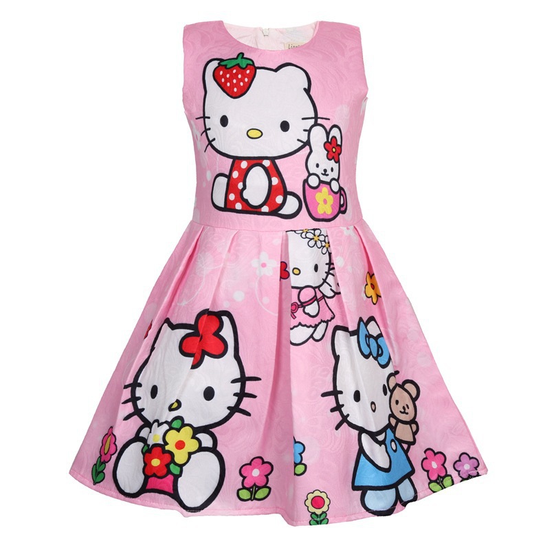 Cartoon Hello-Kitty Fashion Children Sleeveless Pleated Kawaii Dress