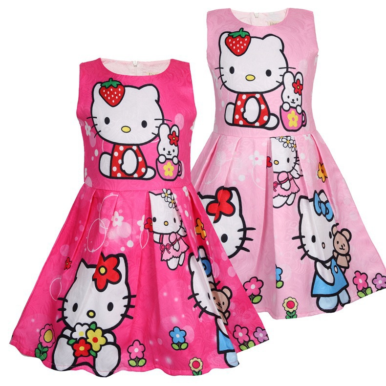 Cartoon Hello-Kitty Fashion Children Sleeveless Pleated Kawaii Dress