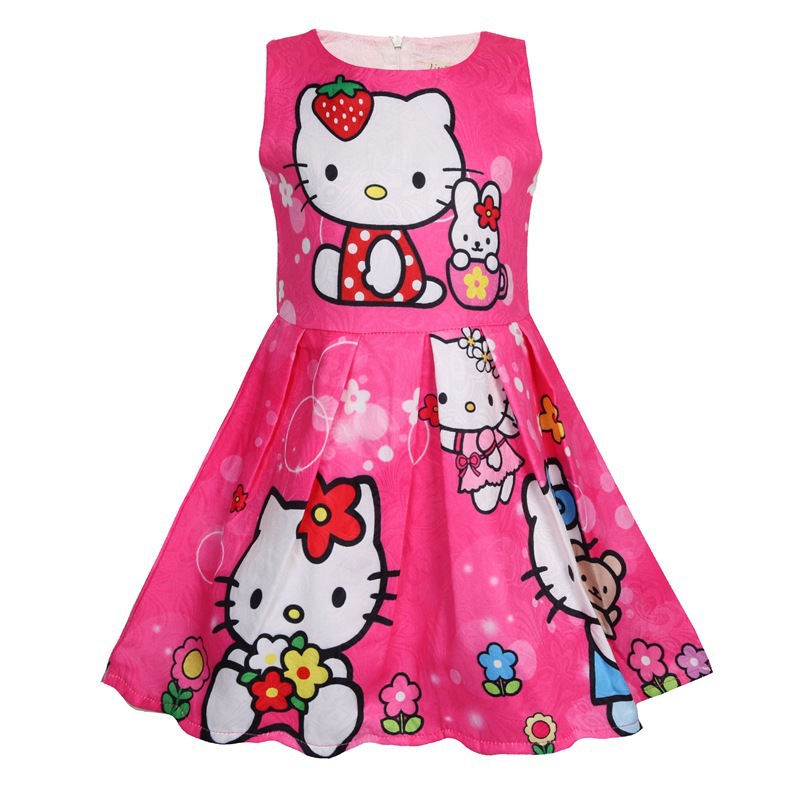 Cartoon Hello-Kitty Fashion Children Sleeveless Pleated Kawaii Dress