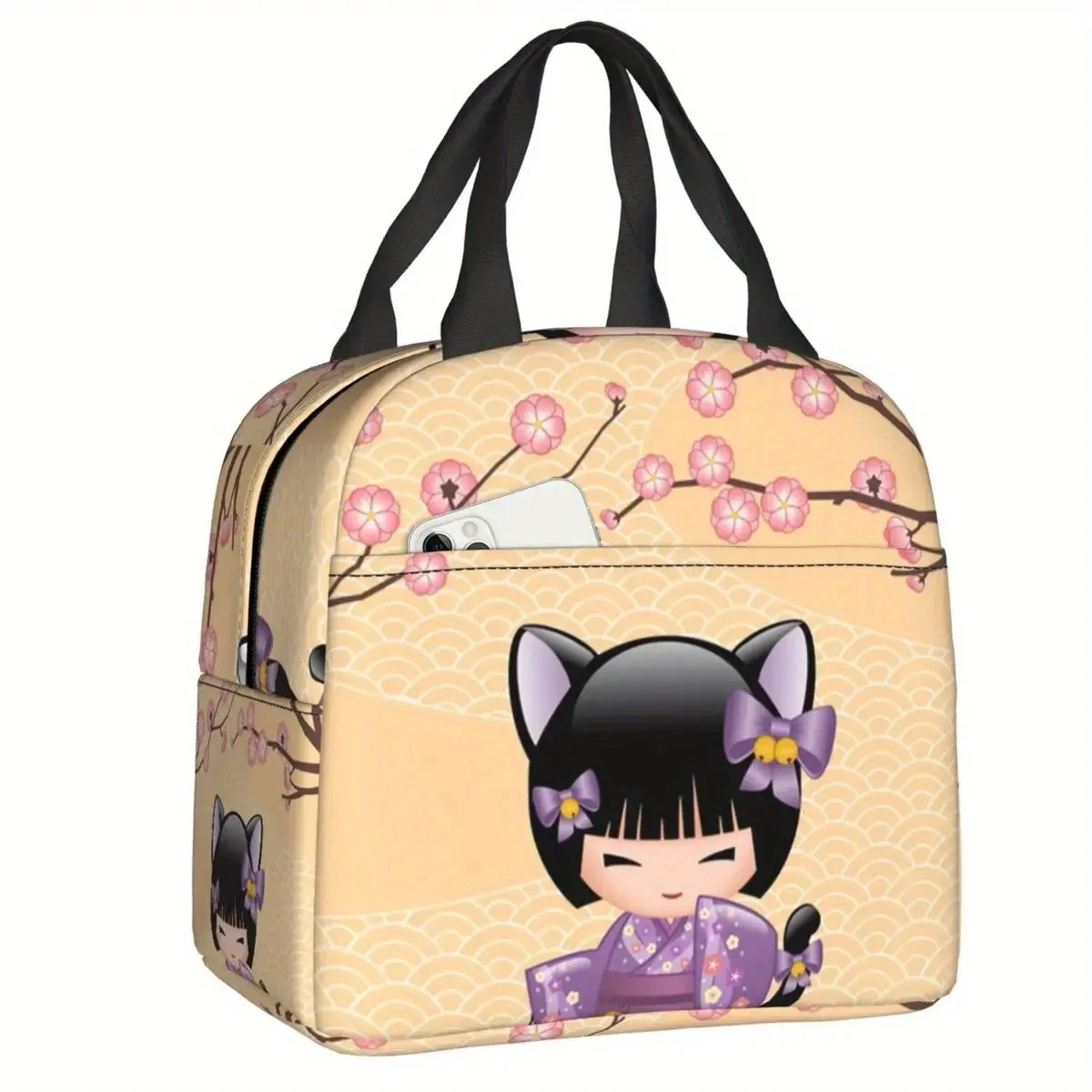 Kawaii Cherry Blossom Kokeshi Neko Insulated Lunch Bag