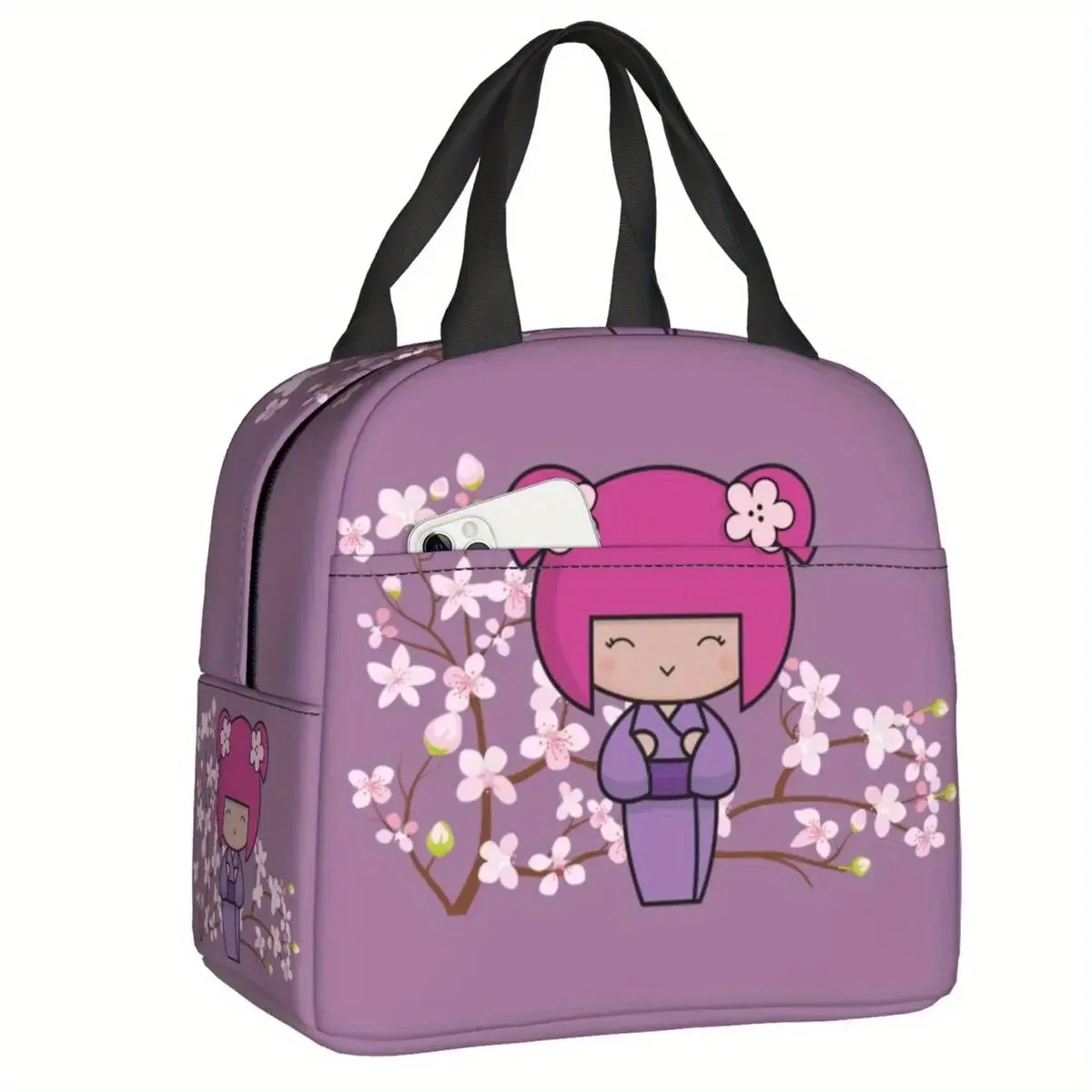Cherry Blossom Kokeshi Kawaii Insulated Lunch Bag