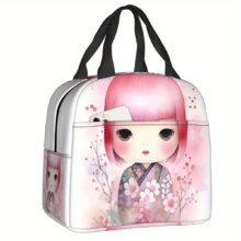 Kawaii Cherry Blossom Kimono Kokeshi Insulated Lunch Bag Kawaii Cherry Blossom Kimono Kokeshi Insulated Lunch Bag