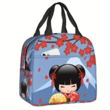 Kawaii Cherry Blossom Red Sakura Kokeshi Insulated Lunch Bag Kawaii Cherry Blossom Red Sakura Kokeshi Insulated Lunch Bag