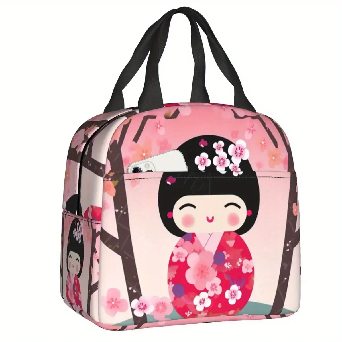 Kawaii Cherry Blossom Spring Kokeshi Insulated Lunch Bag