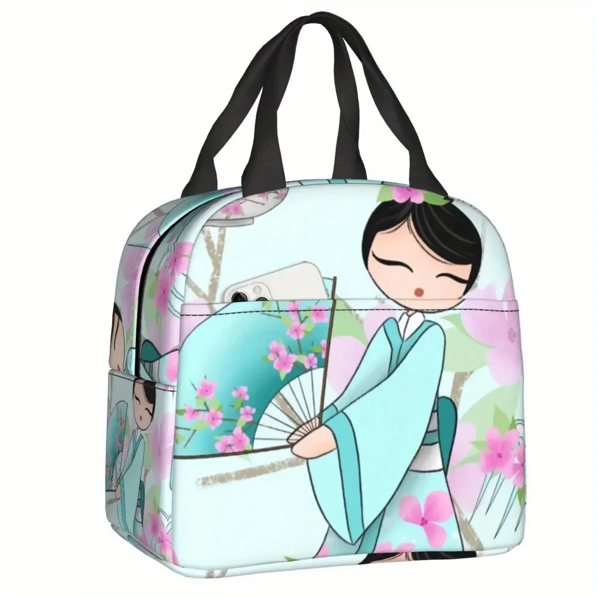 Kawaii Cherry Blossom Kokeshi Hiroko Insulated Lunch Bag 