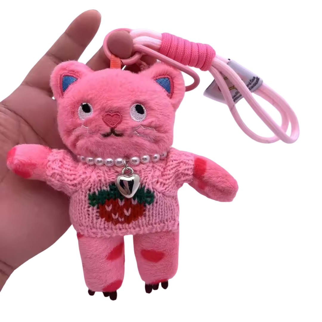 15cm Kawaii Cartoon Strawberry Cat Dress Up Plush Keychain