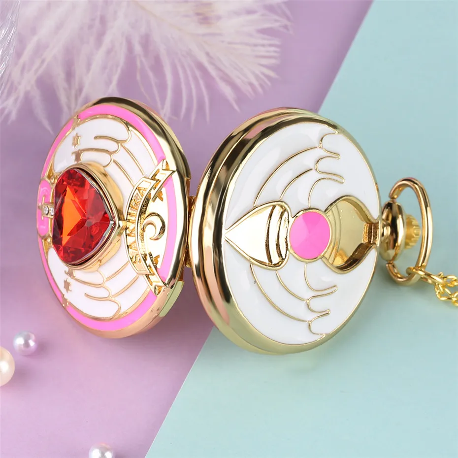 Anime Sakura Rhinestone Stars Moon Kawaii Quartz Pocket Watch