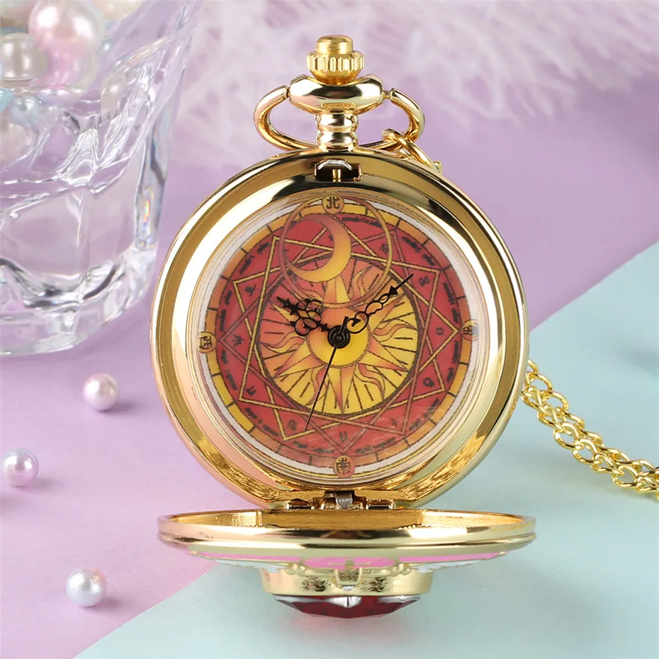 Anime Sakura Rhinestone Stars Moon Kawaii Quartz Pocket Watch