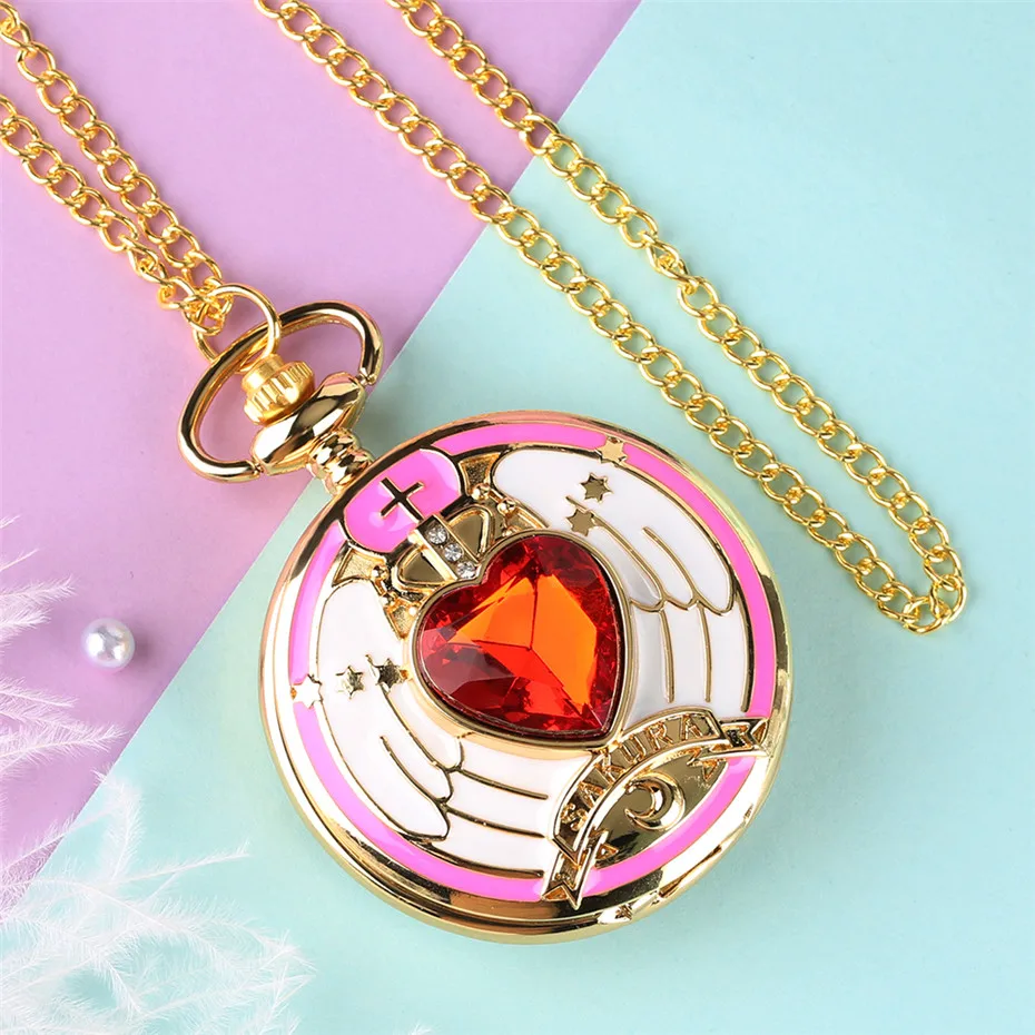 Anime Sakura Rhinestone Stars Moon Kawaii Quartz Pocket Watch