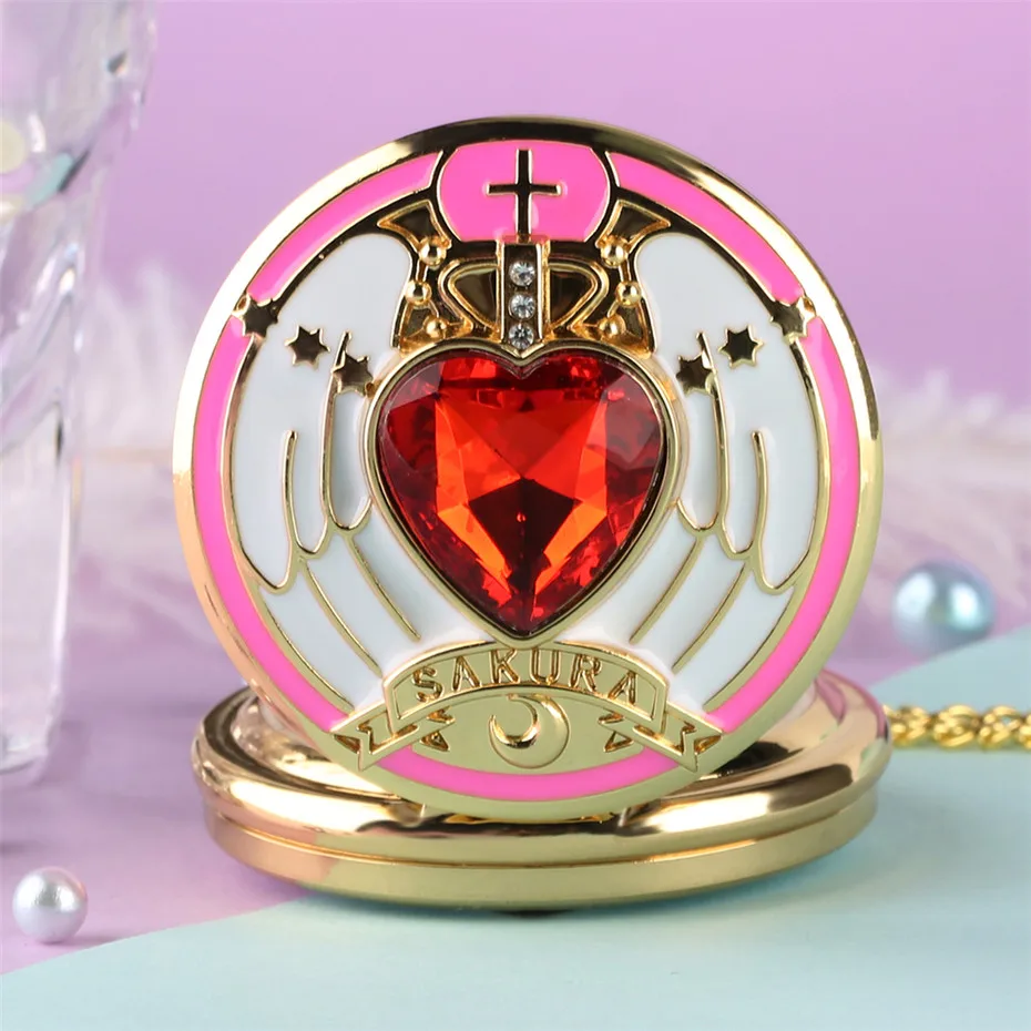 Anime Sakura Rhinestone Stars Moon Kawaii Quartz Pocket Watch