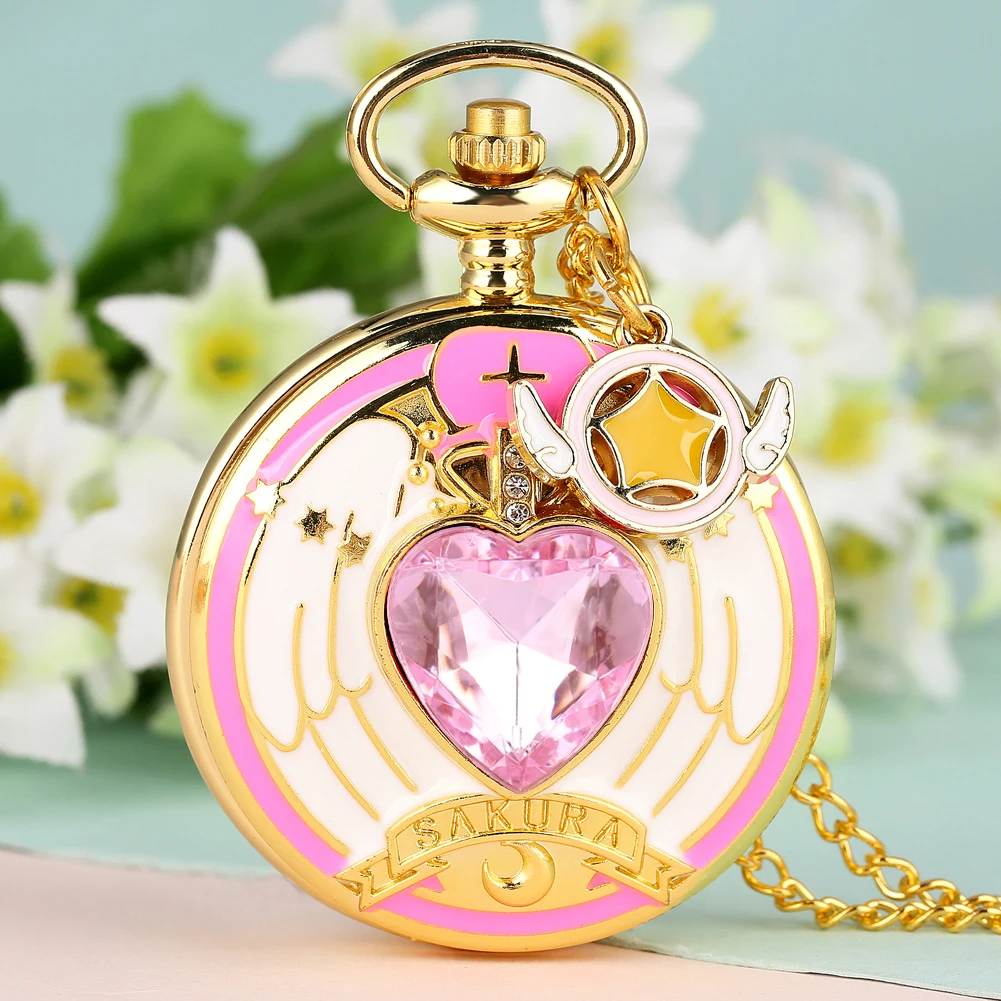 Anime Cardcaptor Sakura Heart Shaped Gem Kawai Quartz Pocket Watch