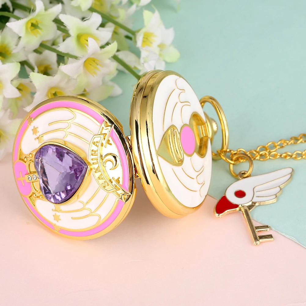 Anime Cardcaptor Sakura Heart Shaped Gem Kawai Quartz Pocket Watch