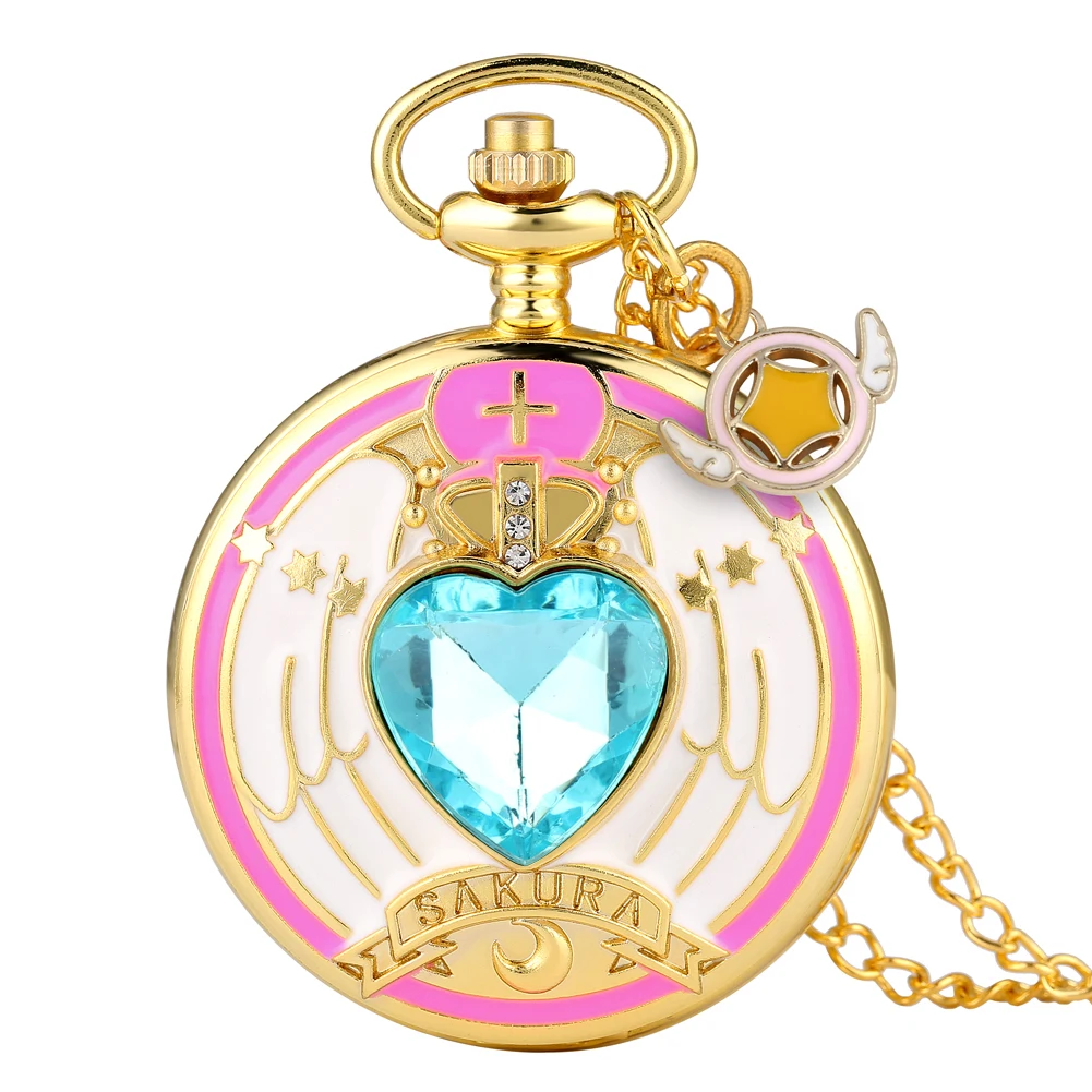 Anime Cardcaptor Sakura Heart Shaped Gem Kawai Quartz Pocket Watch
