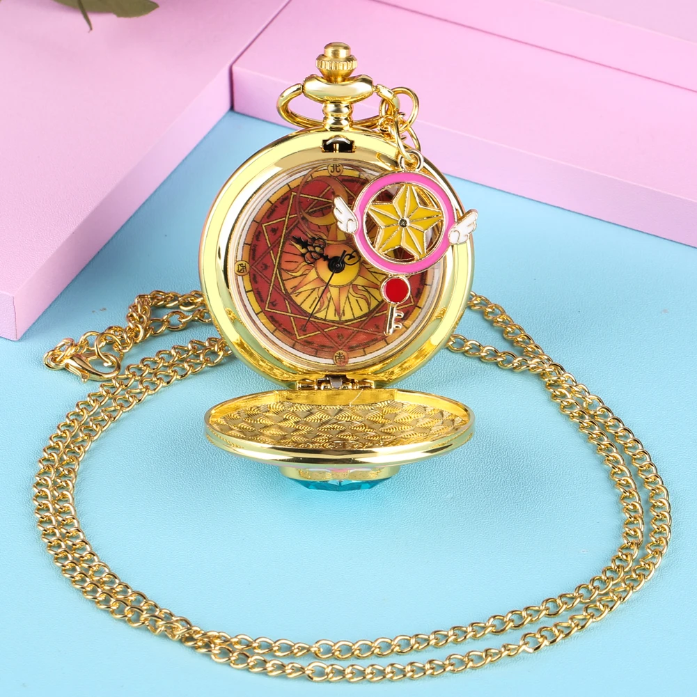 Anime Cardcaptor Sakura Heart Shaped Gem Kawai Quartz Pocket Watch