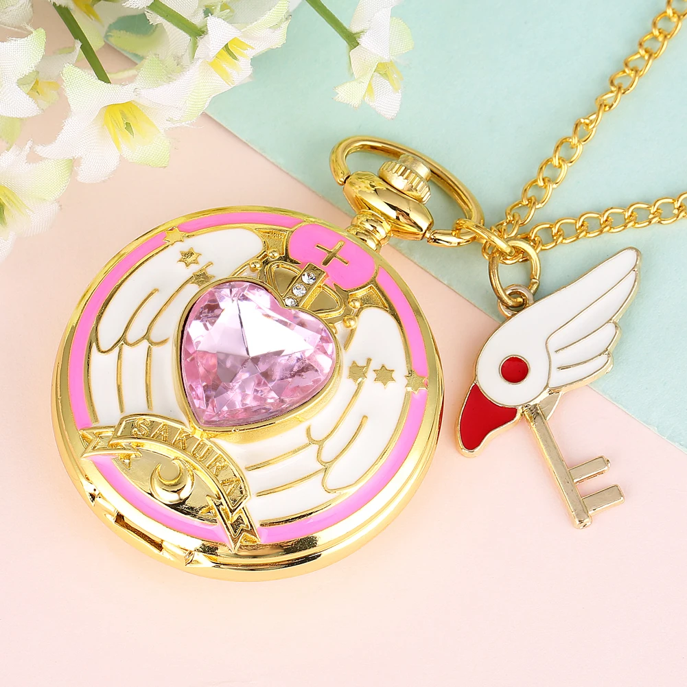 Anime Cardcaptor Sakura Heart Shaped Gem Kawai Quartz Pocket Watch
