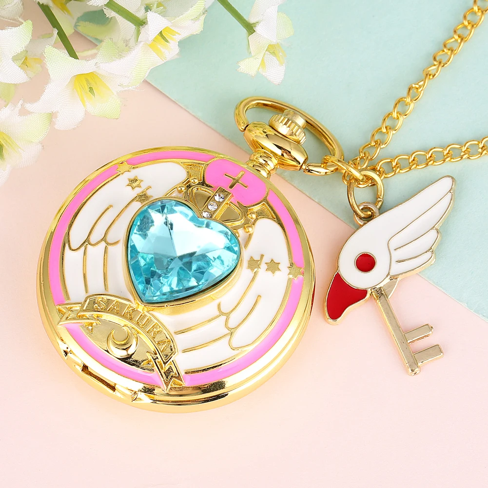 Anime Cardcaptor Sakura Heart Shaped Gem Kawai Quartz Pocket Watch