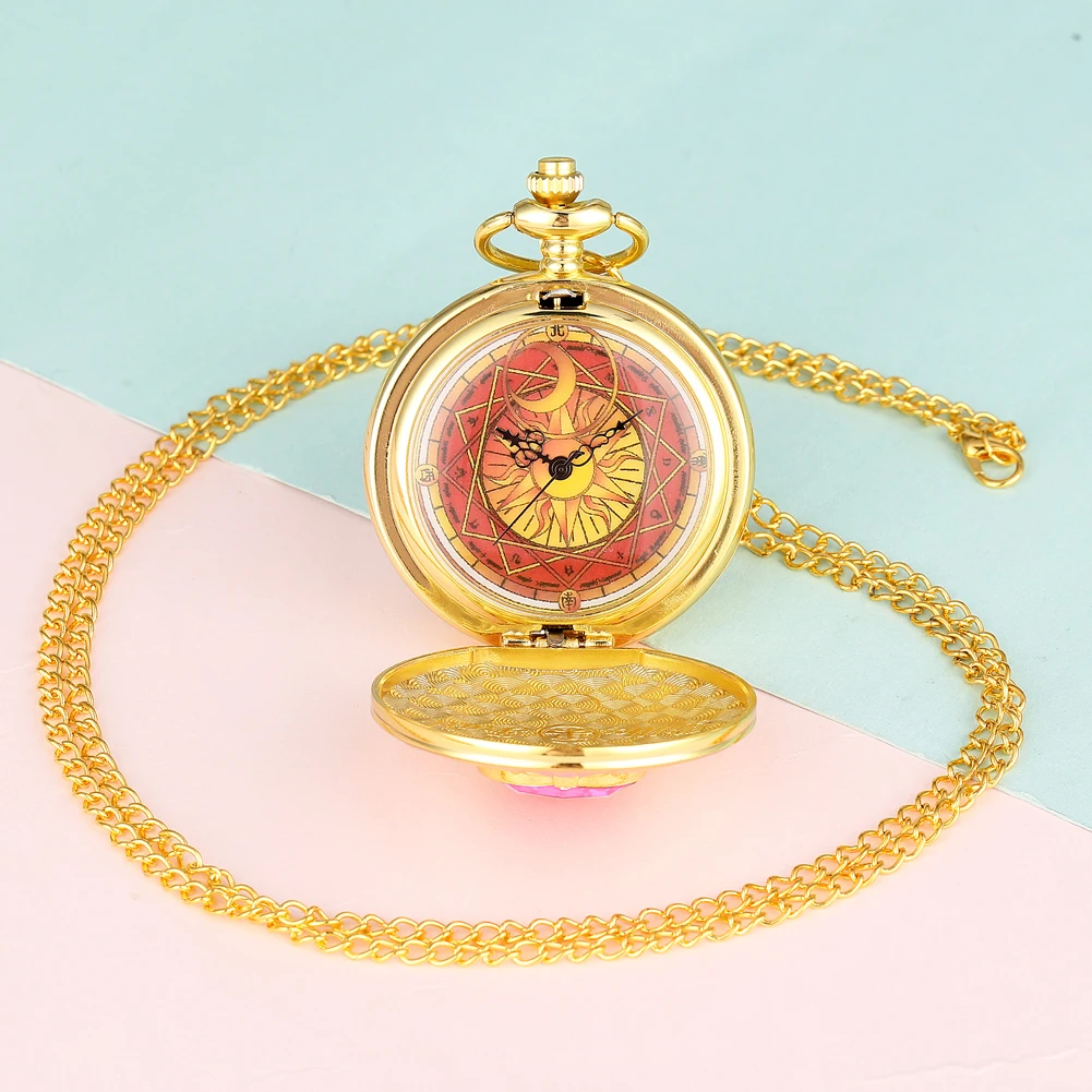 Anime Cardcaptor Sakura Heart Shaped Gem Kawai Quartz Pocket Watch