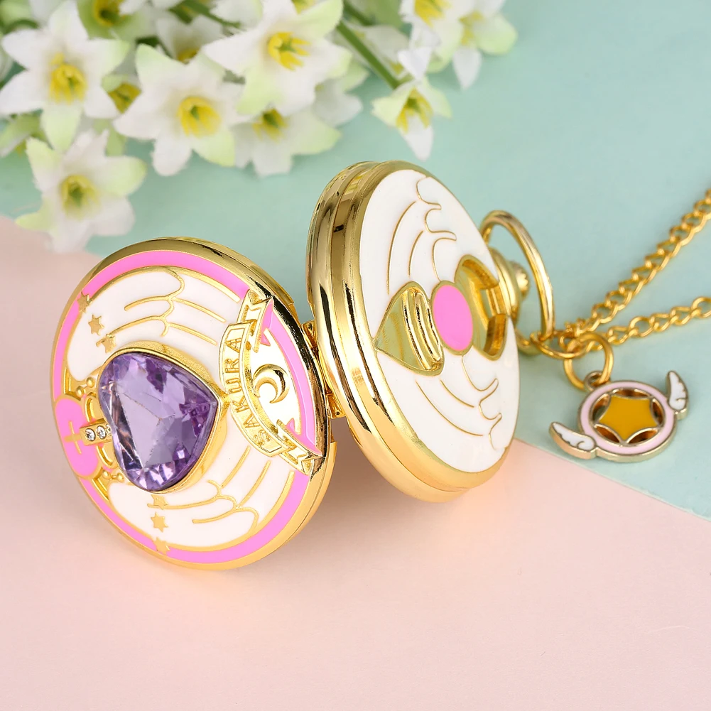 Anime Cardcaptor Sakura Heart Shaped Gem Kawai Quartz Pocket Watch