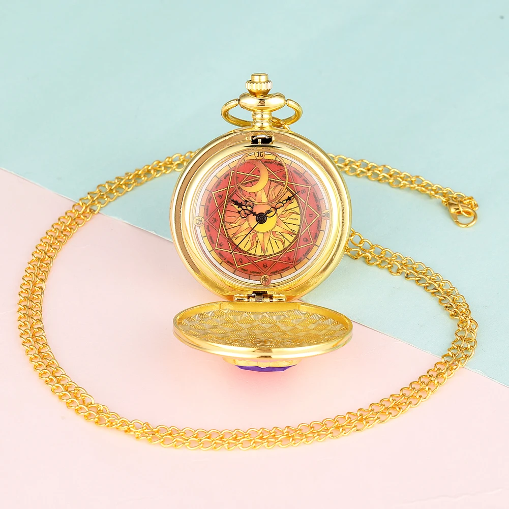 Anime Cardcaptor Sakura Heart Shaped Gem Kawai Quartz Pocket Watch
