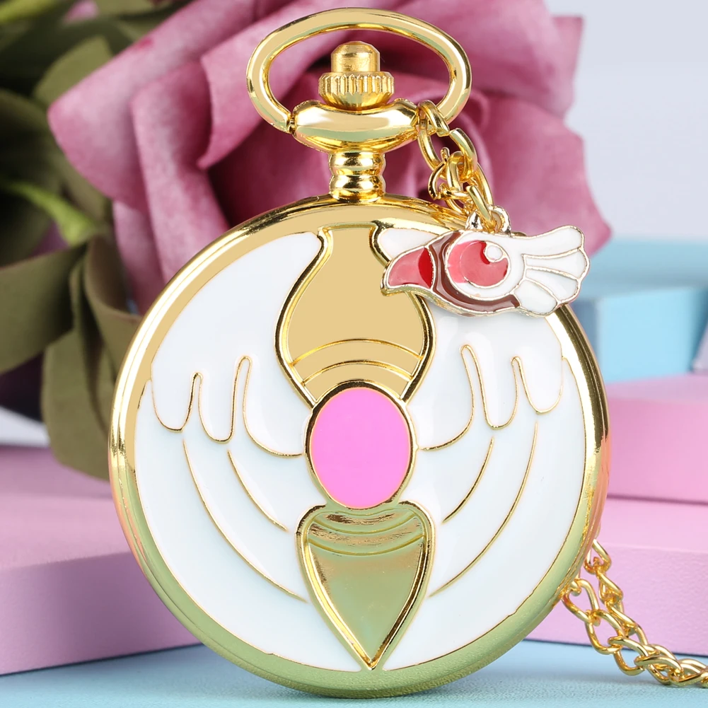 Anime Cardcaptor Sakura Heart Shaped Gem Kawai Quartz Pocket Watch