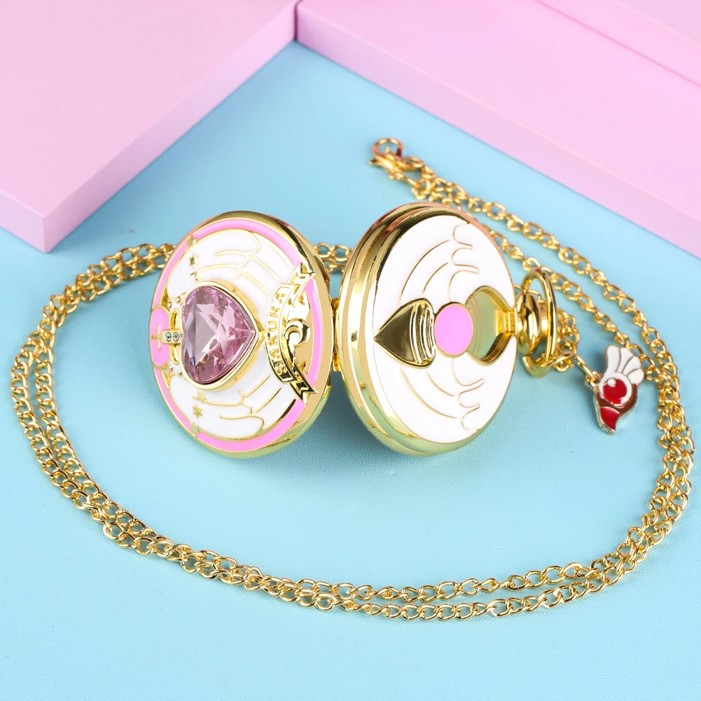 Anime Cardcaptor Sakura Heart Shaped Gem Kawai Quartz Pocket Watch