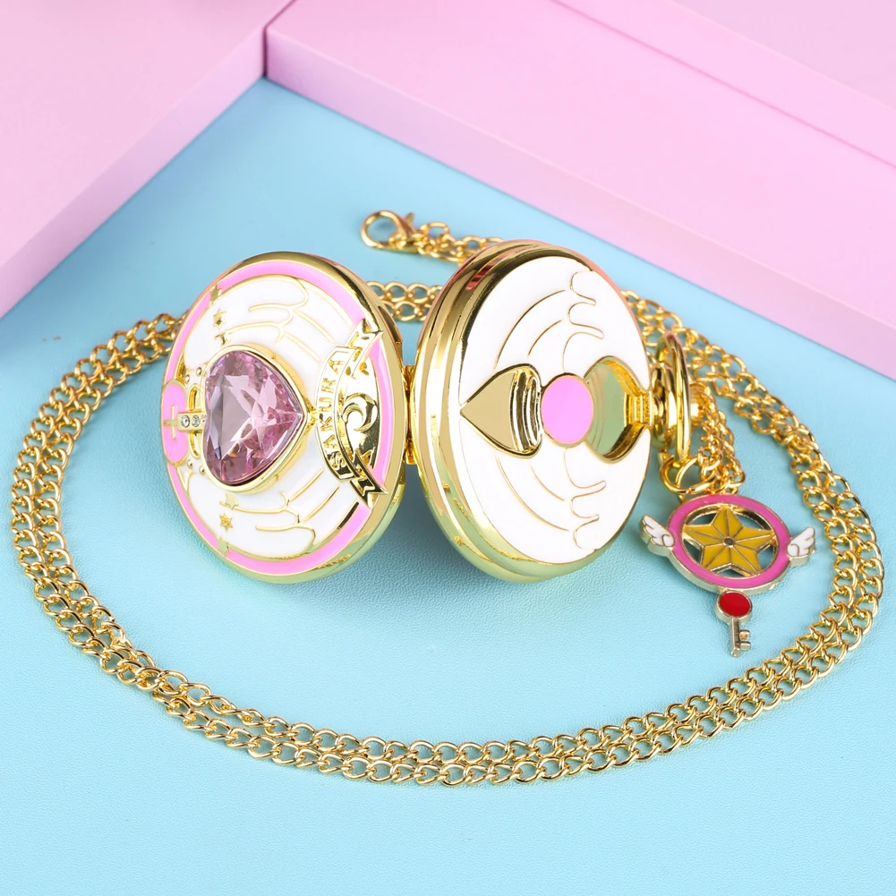 Anime Cardcaptor Sakura Heart Shaped Gem Kawai Quartz Pocket Watch
