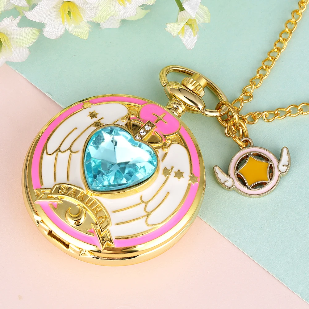 Anime Cardcaptor Sakura Heart Shaped Gem Kawai Quartz Pocket Watch