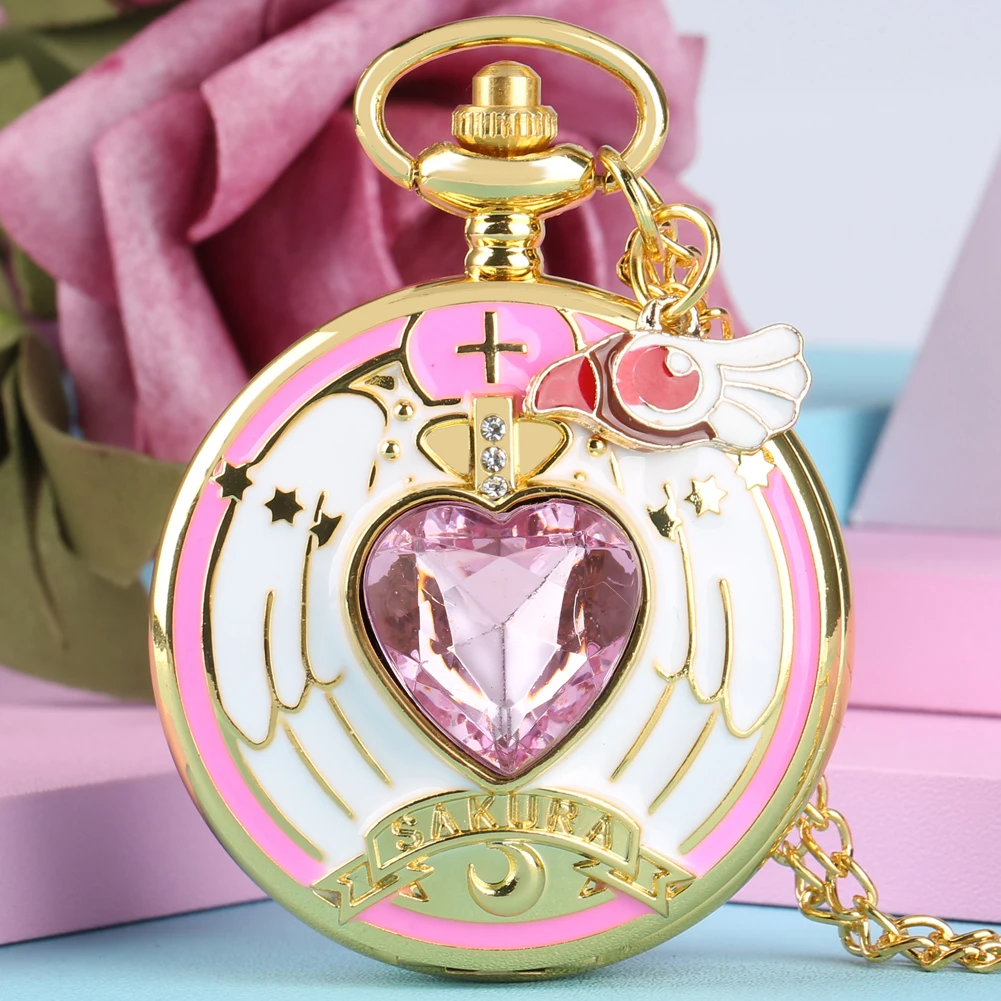 Anime Cardcaptor Sakura Heart Shaped Gem Kawai Quartz Pocket Watch