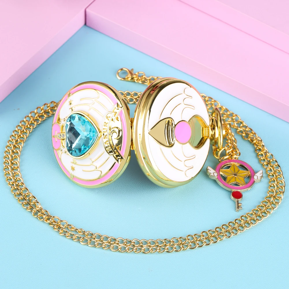 Anime Cardcaptor Sakura Heart Shaped Gem Kawai Quartz Pocket Watch