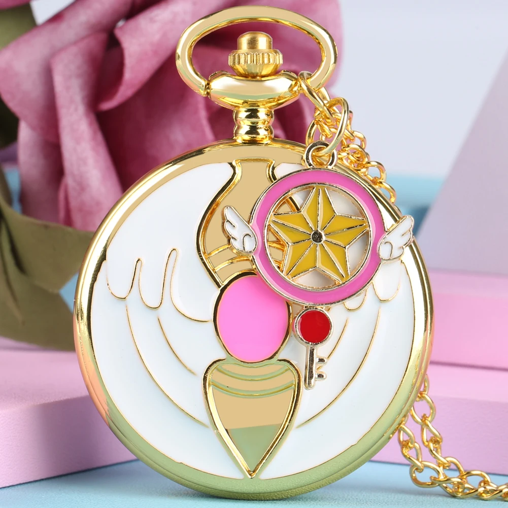 Anime Cardcaptor Sakura Heart Shaped Gem Kawai Quartz Pocket Watch