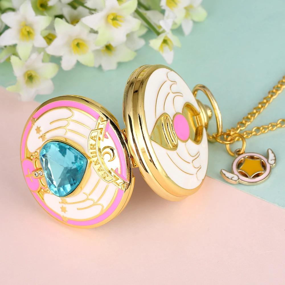 Anime Cardcaptor Sakura Heart Shaped Gem Kawai Quartz Pocket Watch