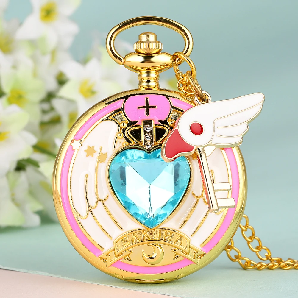 Anime Cardcaptor Sakura Heart Shaped Gem Kawai Quartz Pocket Watch