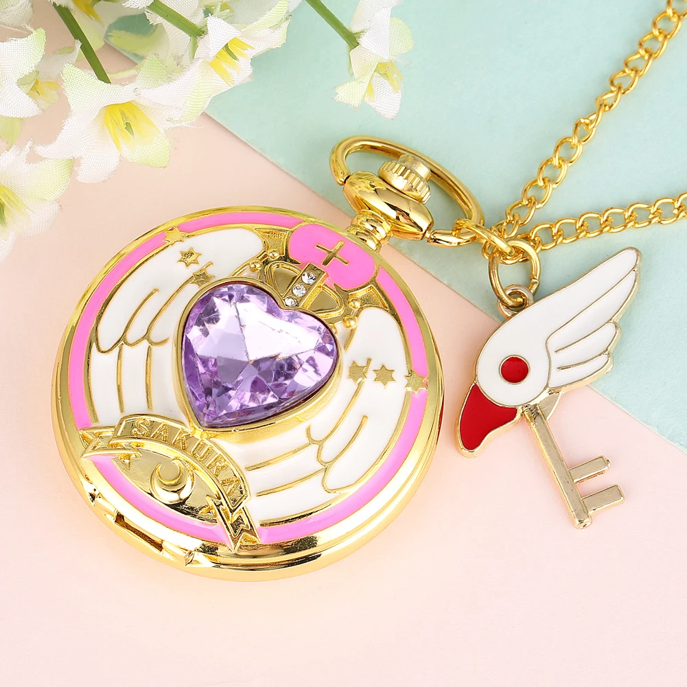 Anime Cardcaptor Sakura Heart Shaped Gem Kawai Quartz Pocket Watch