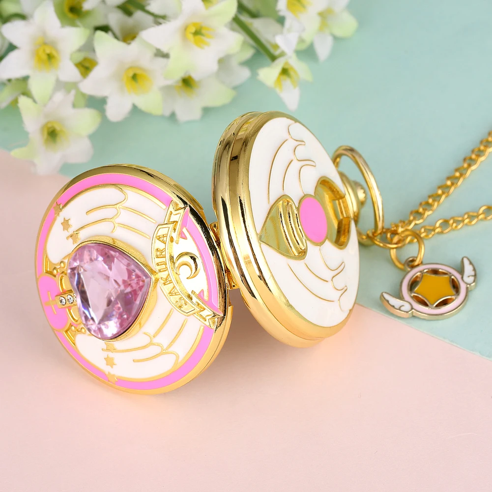 Anime Cardcaptor Sakura Heart Shaped Gem Kawai Quartz Pocket Watch