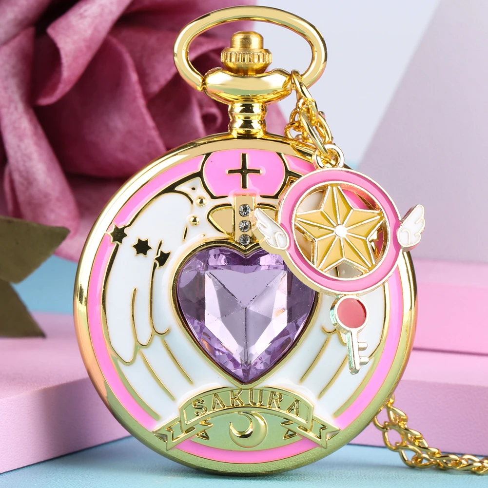 Anime Cardcaptor Sakura Heart Shaped Gem Kawai Quartz Pocket Watch