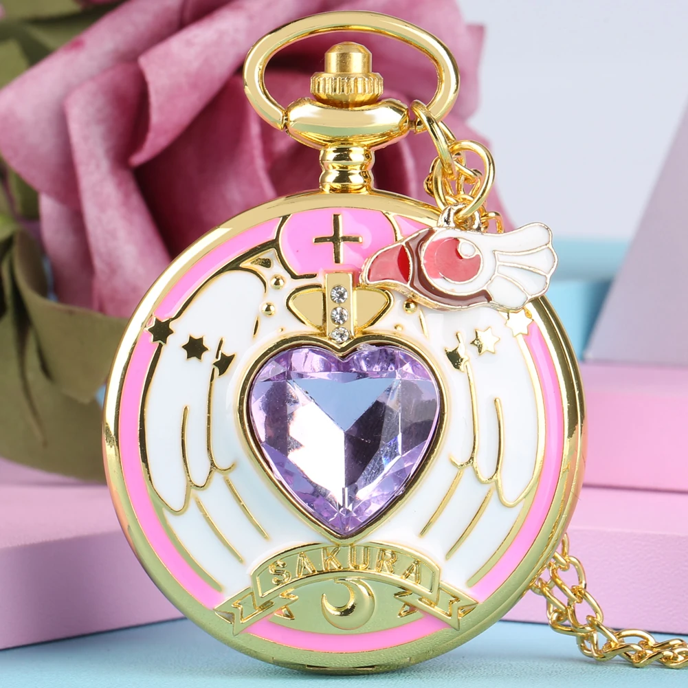 Anime Cardcaptor Sakura Heart Shaped Gem Kawai Quartz Pocket Watch
