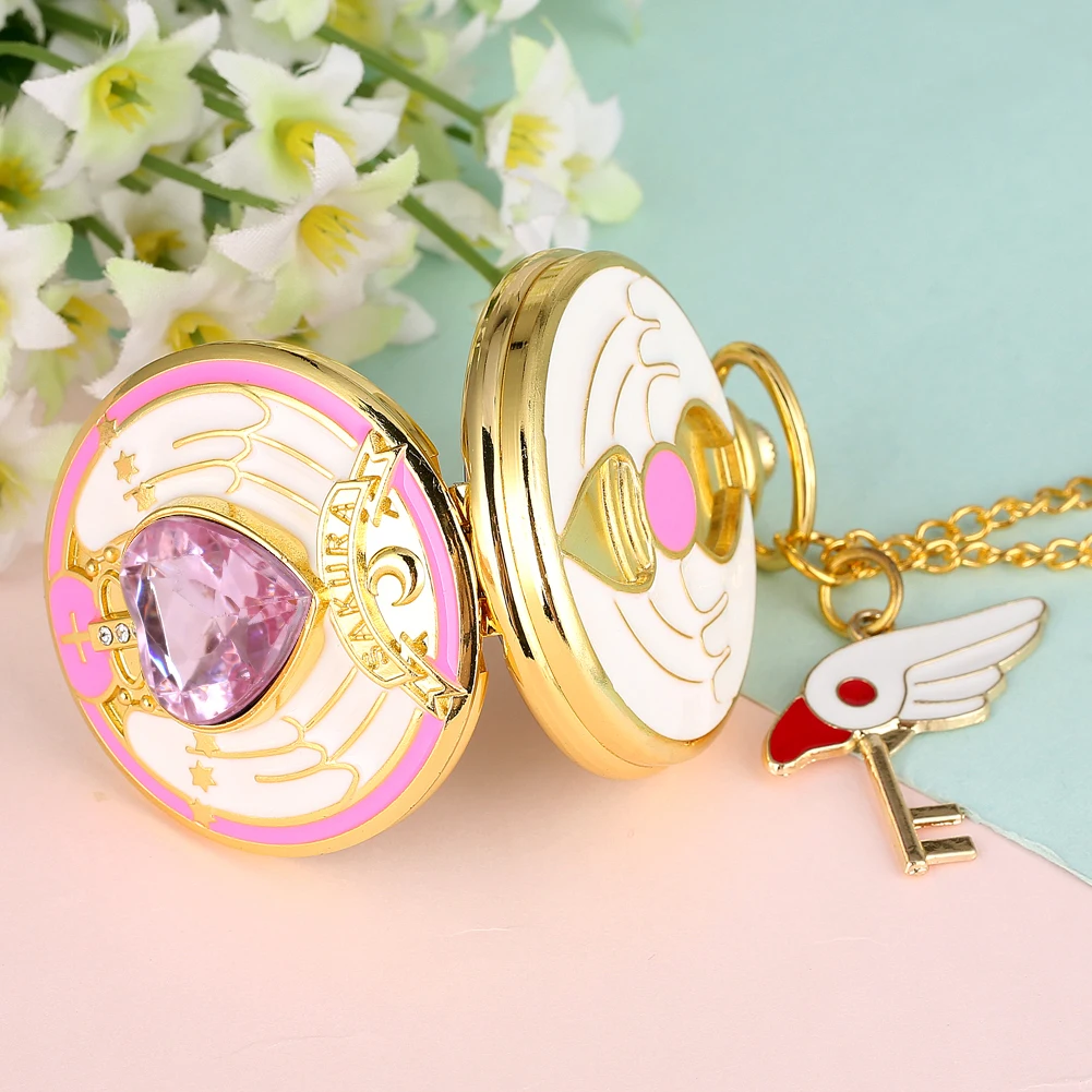 Anime Cardcaptor Sakura Heart Shaped Gem Kawai Quartz Pocket Watch