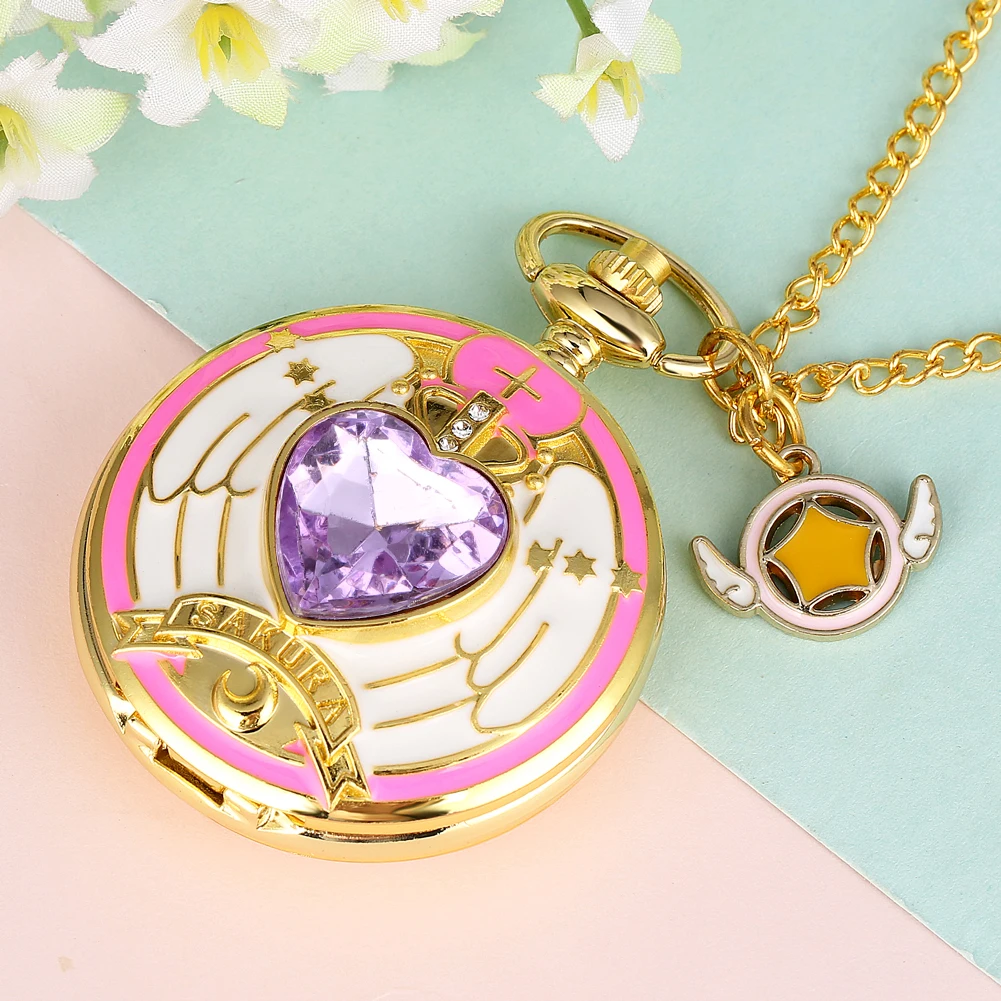 Anime Cardcaptor Sakura Heart Shaped Gem Kawai Quartz Pocket Watch